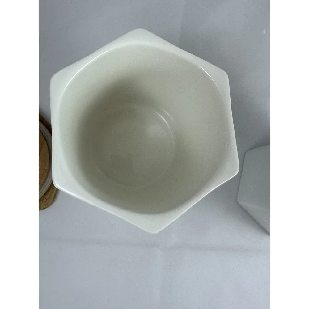 TEAVANA White Hexagon Porcelain Tea Kitchen Storage Canister 6 oz Wooden Lid